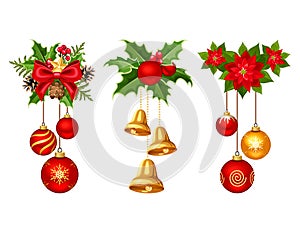 Christmas decorations with balls and bells. Vector illustration.