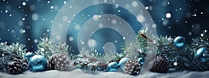 Christmas decorations banner. Snow pine cones on spruce branch with snowy blue background. Copyspace