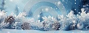 Christmas decorations banner. Snow pine cones on spruce branch with snowy blue background. Copyspace