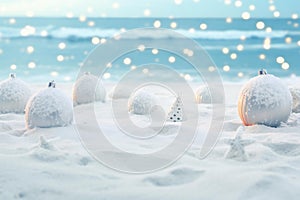 Christmas decorations on the beach with bokeh background, winter holiday concept