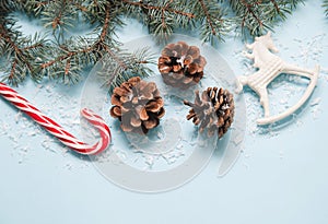 Christmas decorations on blue background.