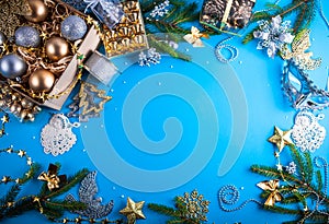 Christmas decorations on blue background