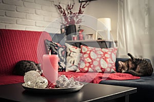 Christmas decorations with candle on coffee table