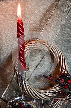 Christmas decorations with candle and ribbons