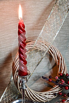 Christmas decorations with candle and ribbons