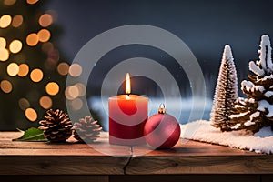 Christmas decorations and candles,chrismas tree,christmas ball on a table.Ai generated