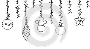 Christmas decorations, christmas toys simple contour. Seamless vector border on white background. One continuous line