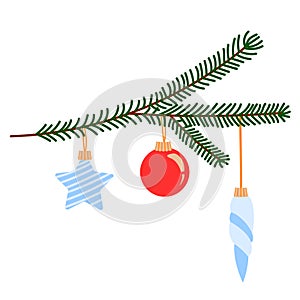 Christmas decorations. A Christmas tree branch decorated with toys: a red ball, a star and an icicle. Vector