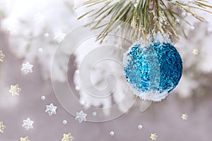 Christmas decorations.Christmas winter background. Christmas ball on tree