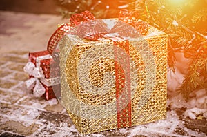 Christmas decorations on the city streets covered with snow