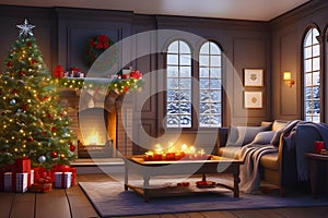 Christmas decorations coexist with the serene ambiance of winter in a cozy living room.