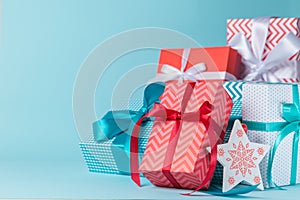 Christmas decorations - colorful presents on blue background