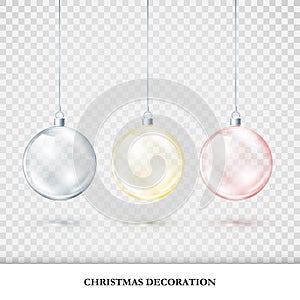Christmas decorations colorful set. Red blue and yellow xmas balls isolated on transparent background. Holiday decorative element
