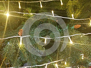 Christmas decorations for compositions. Shiny balls, tinsel. holiday background. Copy space for text