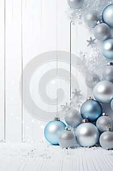 Christmas decorations concept. Top view vertical photo of blue white silver baubles snowflake star ornaments and