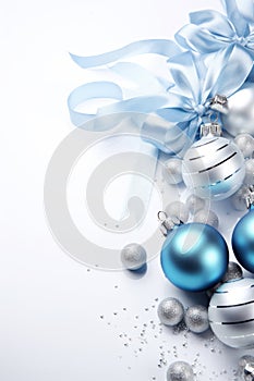 Christmas decorations concept. Top view vertical photo of blue white silver baubles snowflake star ornaments and