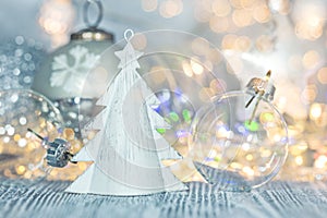 christmas decorations on defocused background with lights garland