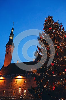 Christmas decorations on festive fir tree on main square of Tallinn, Estonia