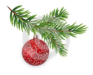 Christmas decorations. Fir tree branch with ball. Vector Illustration