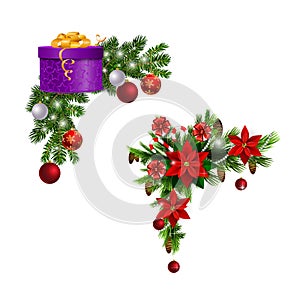 Christmas decorations with fir tree and decorations corner