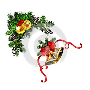 Christmas decorations with fir tree golden jingle bells