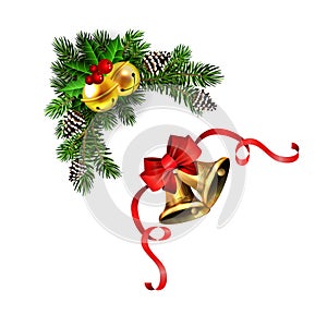 Christmas decorations with fir tree golden jingle bells