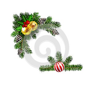 Christmas decorations with fir tree golden jingle bells