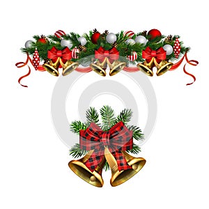 Christmas decorations with fir tree golden jingle bells