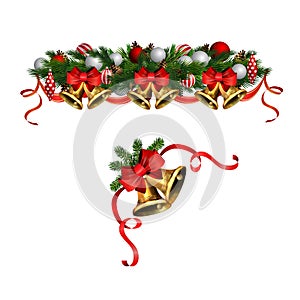 Christmas decorations with fir tree golden jingle bells