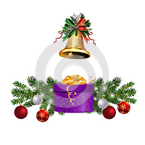 Christmas decorations with fir tree golden jingle bells photo