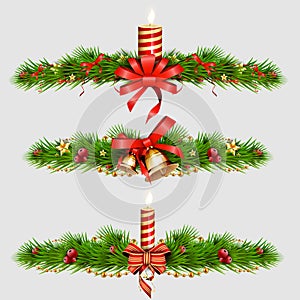 Christmas decorations with fir tree, golden jingle bells. vector illustration