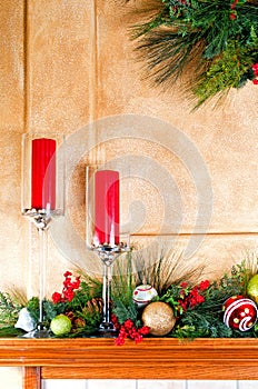 Christmas decorations on fireplace mantle photo