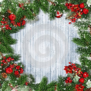 Christmas decorations with firtree, holly and Christmas wreath o