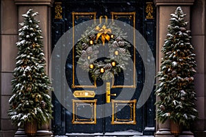 Christmas Decorations At Front Door of House. AI generated