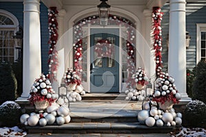 Christmas Decorations on the front door of a New England house
