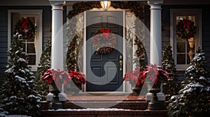 Christmas Decorations Front Porch Home. Inviting Christmas doorway. Christmas house entrance decorated for holidays with garlands