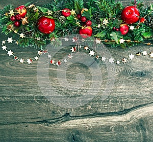 Christmas decorations garland with red apple and green pine