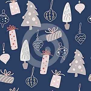 Christmas decorations and gifts seamless pattern. Winter holidays background in Scandinavian Style. Cute Vector hand draw