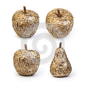 Christmas decorations, golden apple and pear isolated on a white background, Clipping path included