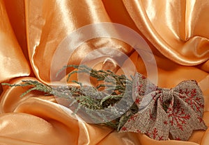 A Christmas decorations on a golden fabric