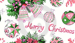 Christmas decorations and greetings, pink and green colors palette, hand painted watercolor illustration, seamless pattern design