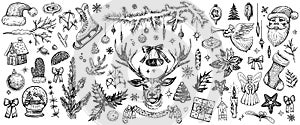 Christmas decorations, hand drawn vector elements. Rustic winter sketches.