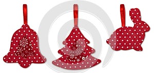 Christmas decorations handmade from red felt on a white background with clipping path