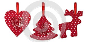 Christmas decorations handmade from red felt on a white background with clipping path