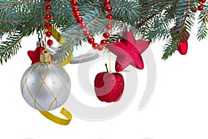 Christmas decorations hanging on fir tree