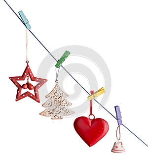 Christmas decorations hanging obliquely isolated