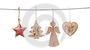 Christmas decorations hanging on string isolated