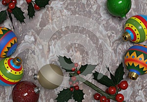 Christmas decorations with holly on a marble table top