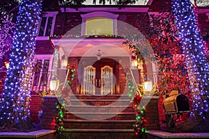 Christmas decorations of houses in the neighborhood of Dyker Heights, in southwest of Brooklyn, in New York. USA