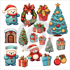 Christmas decorations and items set Collection of Christmas cartoon characters. Set of Christmas element. Christmas objects